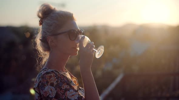 Woman Celebrating On Vacation On Kerkyra. Idyllic Leisure Epic Sunset Oh Holidays.