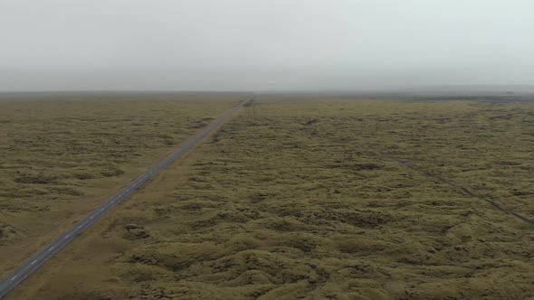 Aerial shot of a moss covered lava field in Iceland.