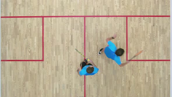 Top View of Two Sportsmen Shaking Hands After Squash Game and Leaving, Confident Caucasian Men