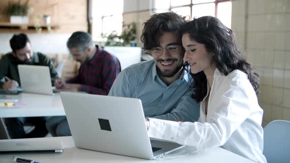 Smiling Young Colleagues Working with Laptop