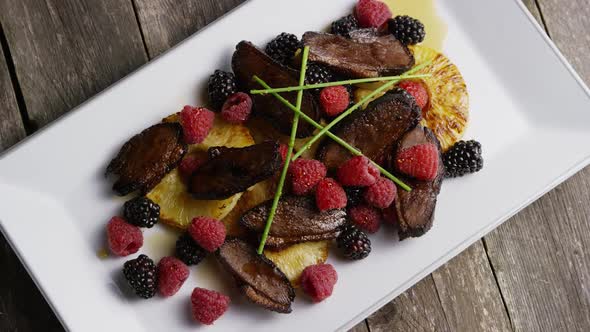 Rotating - Smoked Duck Bacon with Grilled Pineapple, Raspberries, Blackberries and Honey