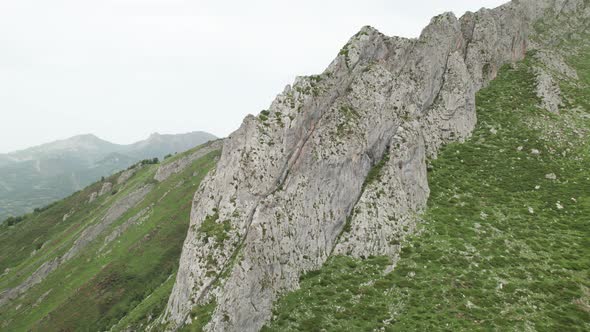 Great mountain ridges in huge natural slope. Aerial of Asturias, Foces del pino. Aller.