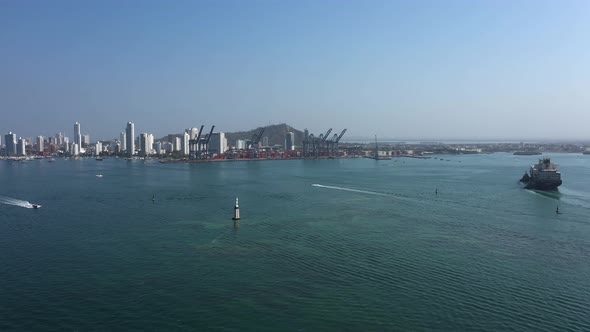 Cargo Ship Enters the Cargo Port in Cartagena Colombia