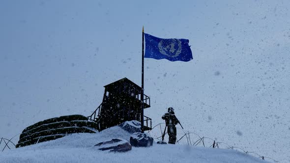 UN Soldier On The Border In Snowy Weather