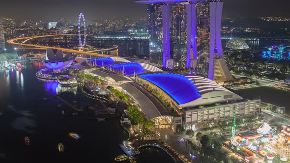 Singapore Laser Show Cityscape Time-lapse. Pan Up