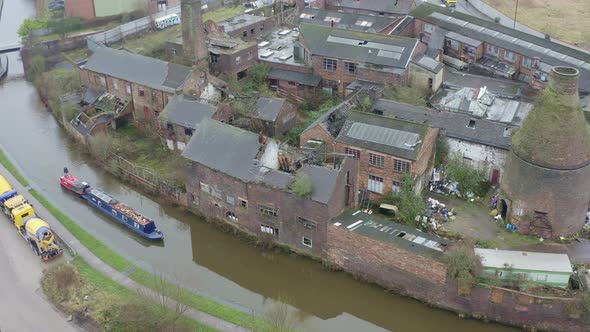 Aerial view of Kensington Pottery Works an old abandoned, derelict pottery factory and bottle kiln l