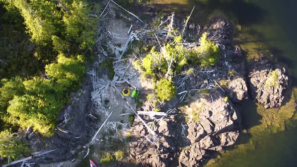 Aerial Remote Camping Location at Kennedy Lake, Laylee Island, Vancouver Island, Canada