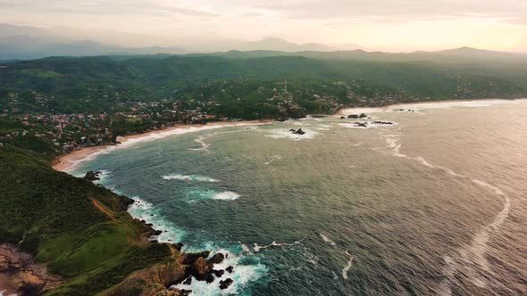 Ocean Heaven Mazunte Aerial Drone Fly Above Cliff Hills Oaxaca Mexico Beach Town