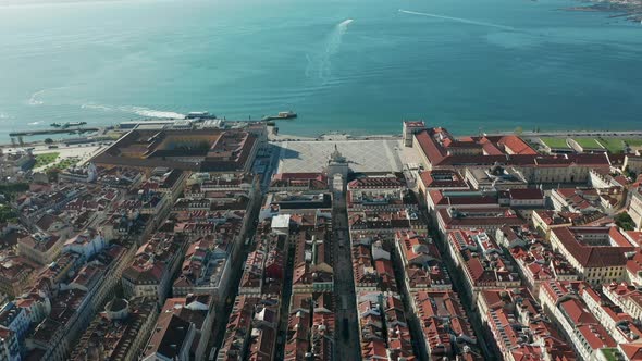 Aerial View. Comercio Square and Rua Augusta Arch in Lisbon, Portugal