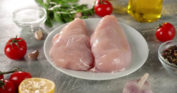 Raw Chicken Fillet with Tomatoes and Lemon Rotates on Table. 