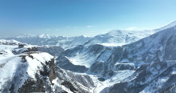 Gudauri, Georgia - February 22, 2022: Aerial view of Russia–Georgia Friendship Monument