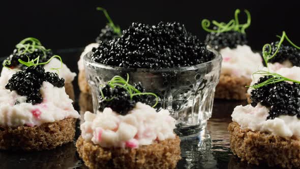 Black Caviar Sandwiches Closeup