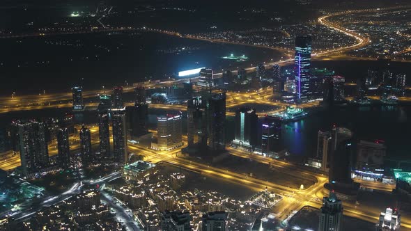 Dubai Downtown Night Scene with City Lights From Burj Khalifa Timelapse
