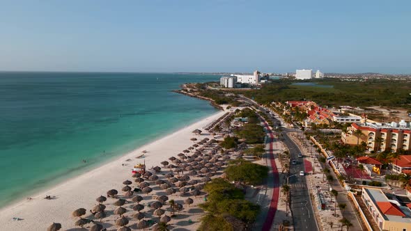 Aerial From Eagle Beach on Aruba in the Caribbean Bird Ey View at the Beach with Umbrella at Aruba