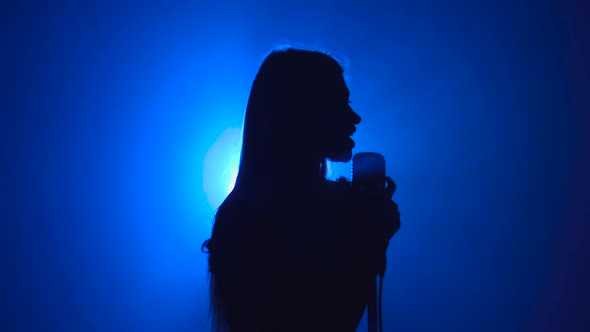 Girl Sings Songs for the Clip. Smoke Background. Silhouette. Side View