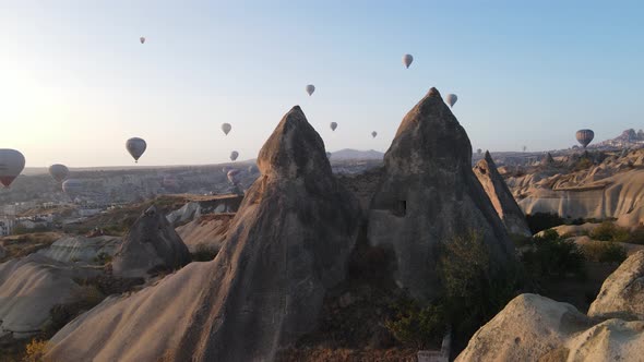 Aerial View Cappadocia Turkey  Balloons Sky