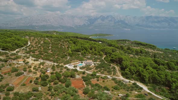 Aerial view of villa with swimming pool, Sumartin, Brac island, Croatia.