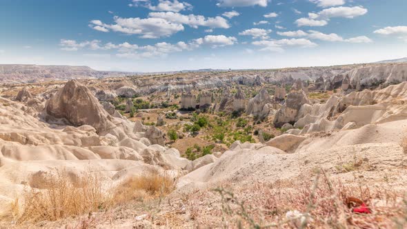 Red Valley and Rose Valley of Goreme of Nevsehir in Cappadocia Aerial Timelapse, Turkey.