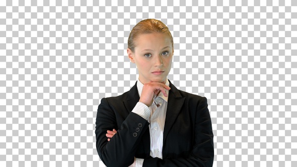 Young smiling female standing with folded hands, Alpha Channel