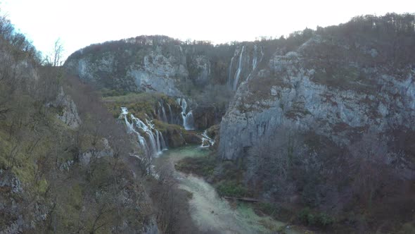 Aerial of waterfalls and river, Plitvice Park