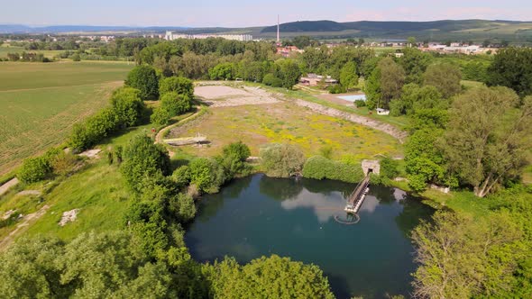 Aerial view of a swimming pool in the town of Tornala in Slovakia