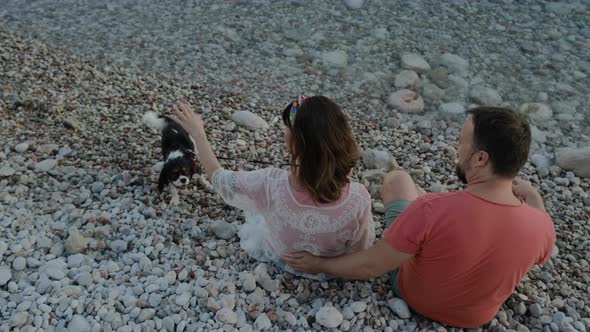 Back view of Couple with Adorable dog breed king charles cavalier on pebble beach