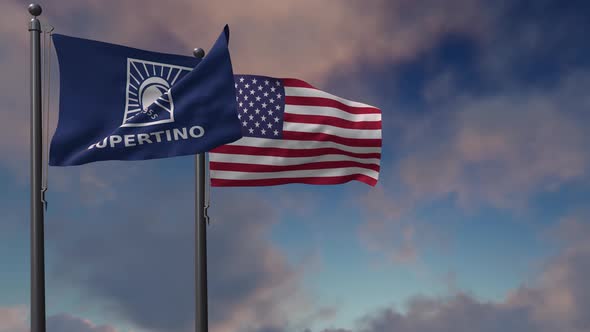 Cupertino City Flag Waving Along With The National Flag Of The USA - 4K