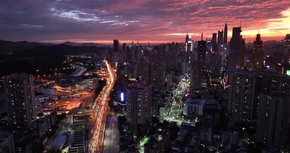 Aerial footage of landscape at night in shenzhen city, China