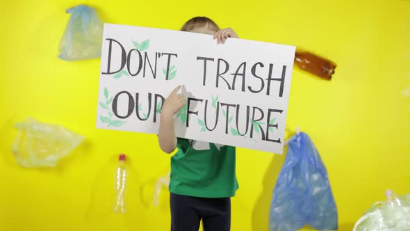 Girl Activist Holding Poster Don't Trash Our Future. Reduce Nature Pollution. Save Environment