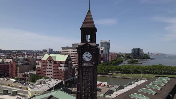 Aerial view around the Lackwana clock tower at the Hoboken NJ Transit Terminal, in New Jersey, USA -