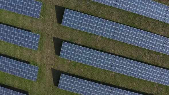 Aerial view of solar panels in solar farm, Bavaria, Germany