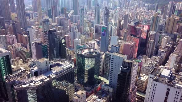 Drone fly over the Hong Kong urban city