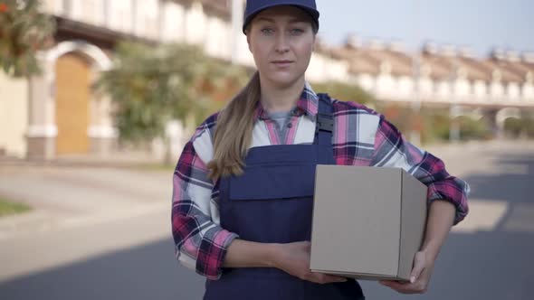 Attractive Delivery Woman Posing on Camera Outdoor