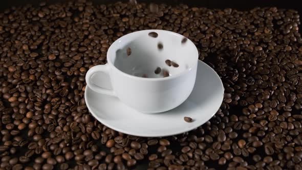 Roasted Coffee Beans Falling Into a White Cup