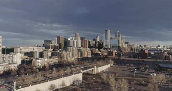 Denver Colorado near Speer Blvd during Covid pandemic Jan17, 2021 drone shot with gentle drop down.