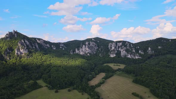 Aerial view of the Sulov rocks nature reserve in the village of Sulov in Slovakia