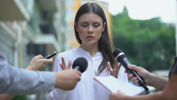 Angry Female Celebrity Talking With Annoyed Journalists Searching for Sensation