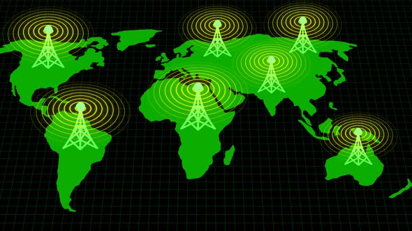 Green Color World Map Network Tower Wave Animation