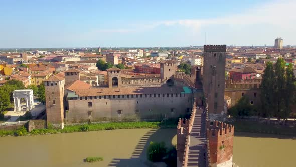 Verona, Italy: Aerial view of Castelvecchio Bridge (Ponte di Castelvecchio) and Castelvecchio Castle