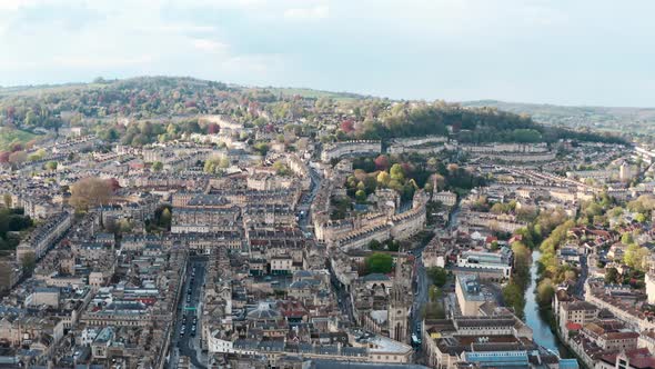 Slider drone shot over old buildings in Bath UK