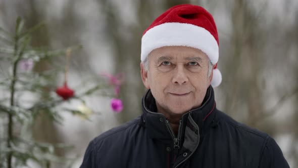 Portrait of Cute Elderly Man with Red Santa Hat in Forest with Christmas Tree