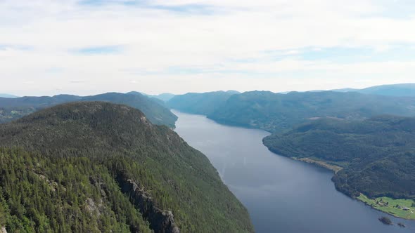 Aerial 4K: amazing Norway highland landscape, Bandak Lake in mountain valley