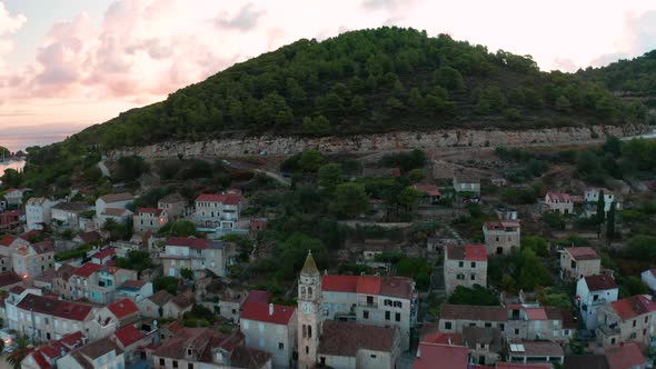 Aerial View of Vis Town at Sunset on Vis Island Croatia