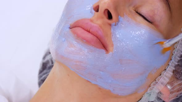 Close-up, Cosmetician in Black Gloves, Applies Blue Cosmetic Face Mask with Special Brush To Female