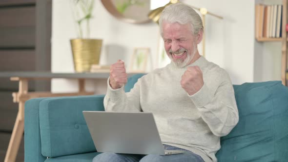 Successful Old Man with Laptop Celebrating on Sofa 