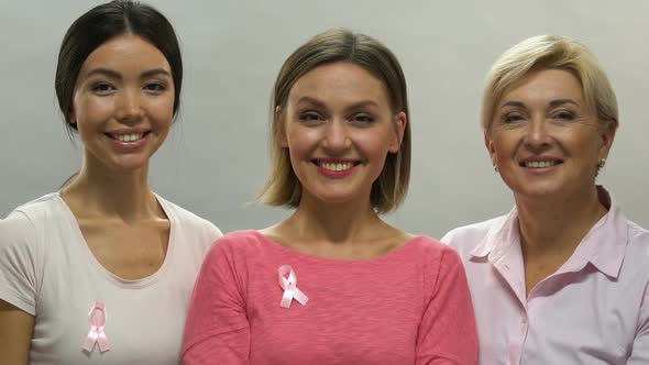 Happy Women of Different Age Supporting Anti-Cancer Campaign, Pink Ribbons