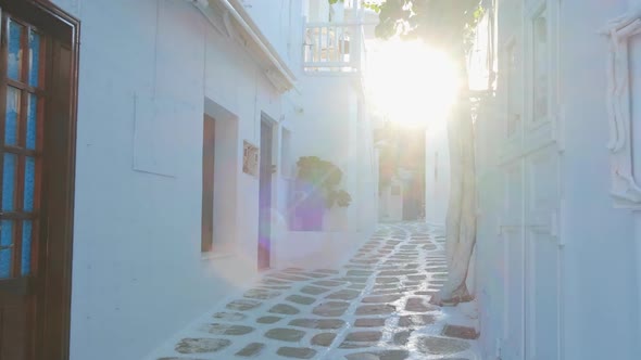 Walking in Mykonos Street on Mykonos Island, Greece