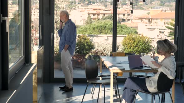 Senior couple doing paper work at home, man talking on the phone