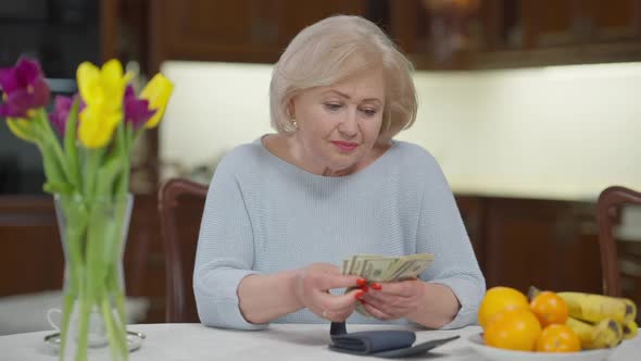 Happy Wealthy Rich Senior Woman Counting Dollars Smiling Sitting at Table Indoors