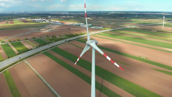 Aerial View of Wind Turbines Farm in Field. Austria. Drone View on Energy Production